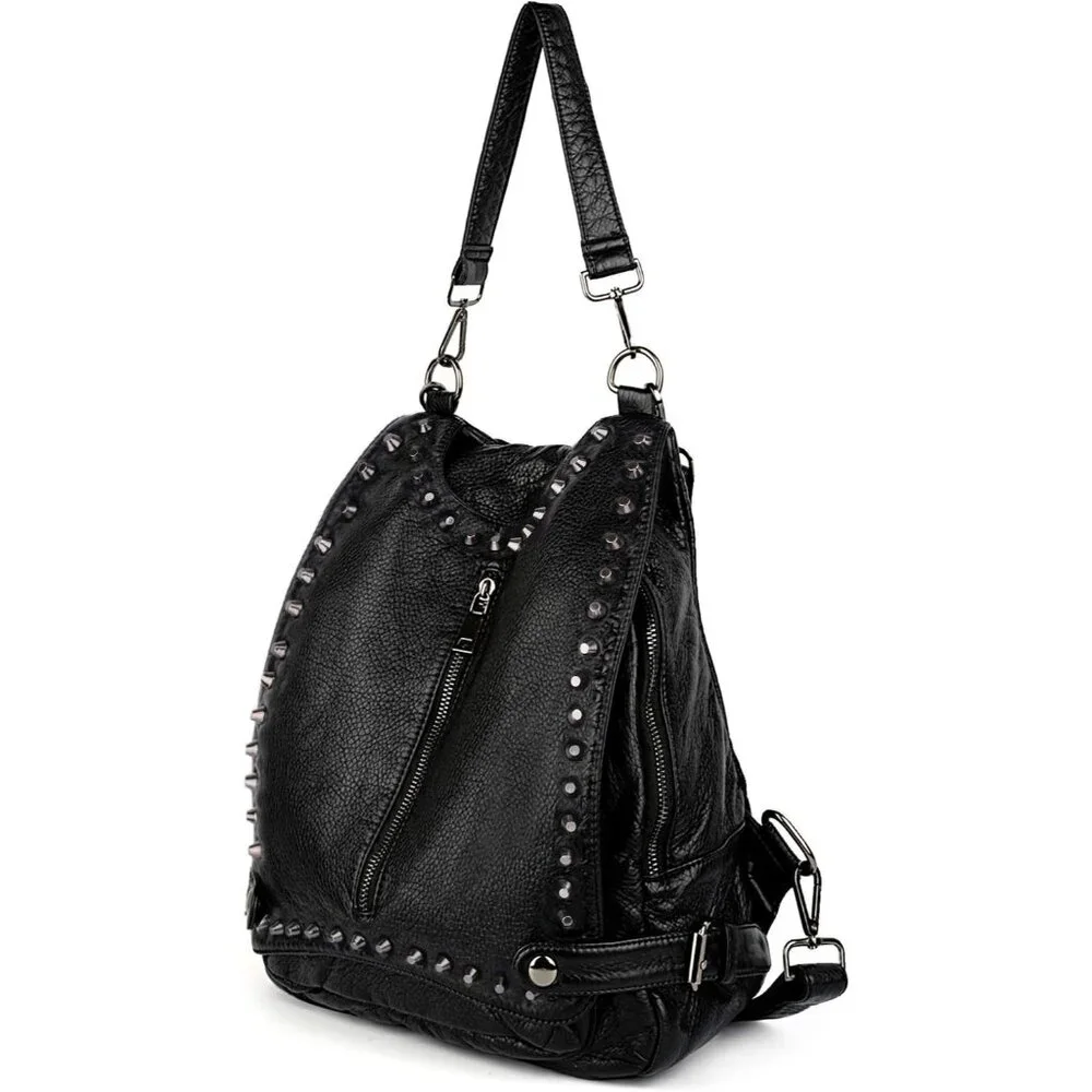 Women Black PU Leather Rivet Studded Convertible Backpack Purse